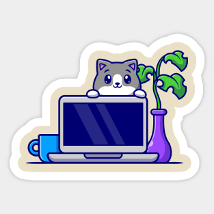 Cute Cat Behind Laptop Cartoon Sticker